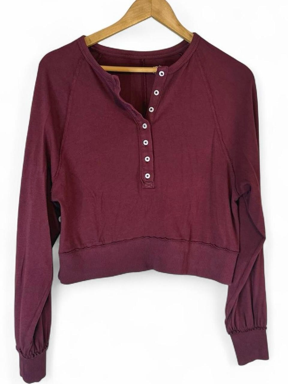 Aerie Crop Henley Long Sleeve Top Burgundy Size Xxs